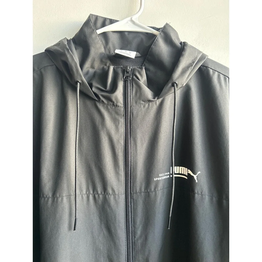 Puma Solid Black Windbreaker Jacket Hooded Mens Size XL